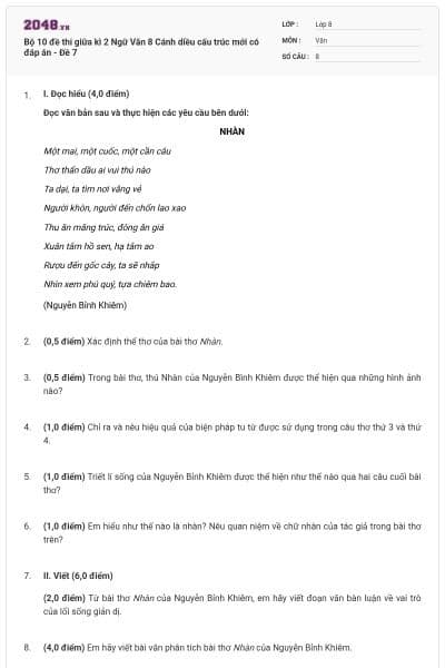 Bộ 10 đề thi giữa kì 2 Ngữ Văn 8 Cánh diều cấu trúc mới có đáp án - Đề 7
