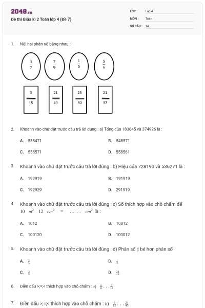 Đề thi Giữa kì 2 Toán lớp 4 (Đề 7)