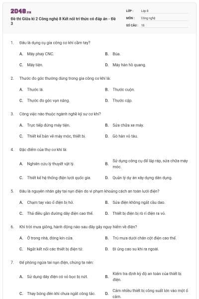 Đề thi Giữa kì 2 Công nghệ 8 Kết nối tri thức có đáp án - Đề 3