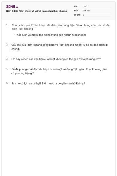 Bài 10: Đặc điểm chung và vai trò của ngành Ruột khoang