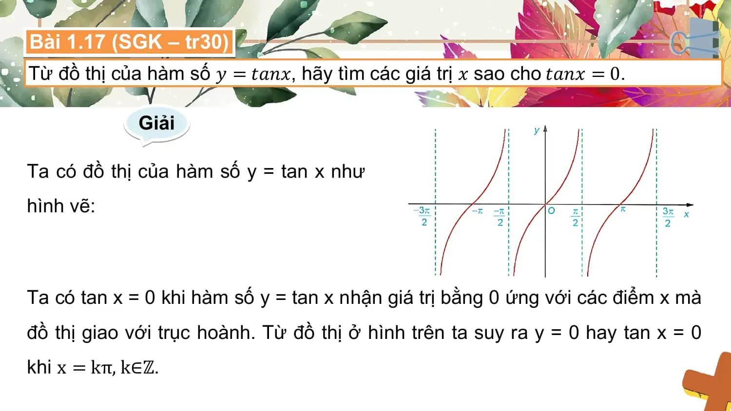 Bài 1.17 (SGK – tr30)
Từ đồ thị của hàm số 𝑦 = 𝑡𝑎𝑛𝑥, hãy tìm các giá trị 𝑥 sao cho 𝑡𝑎𝑛𝑥 = 0.

 Giải

Ta có đồ thị của hàm số y = tan x như
hình vẽ:

Ta có tan x = 0 khi hàm số y = tan x nhận giá trị bằng 0 ứng với các điểm x mà
đồ thị giao với trục hoành. Từ đồ thị ở hình trên ta suy ra y = 0 hay tan x = 0
khi x = kπ, k∈ℤ.