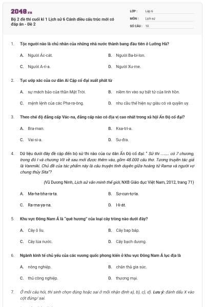 Bộ 2 đề thi cuối kì 1 Lịch sử 6 Cánh diều cấu trúc mới có đáp án - Đề 2