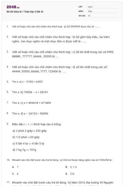 Đề thi Giữa kì 1 Toán lớp 4 (Đề 4)