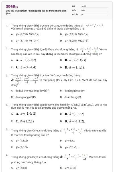 200 câu trắc nghiệm Phương pháp tọa độ trong không gian (P6)