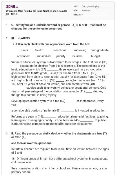 (Viên chức Mầm non) bài tập tiếng Anh theo chủ đề có đáp án - Test 1
