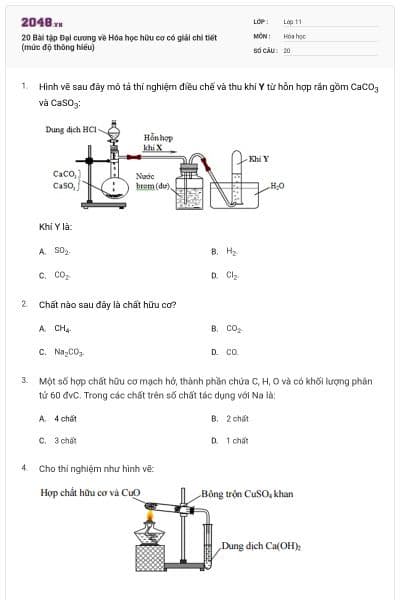 20  Bài tập Đại cương về Hóa học hữu cơ có giải chi tiết (mức độ thông hiểu)