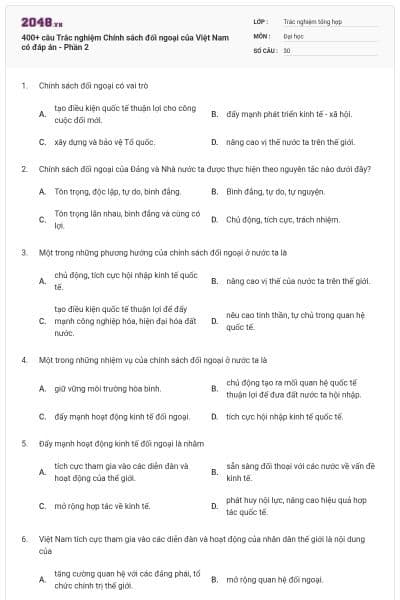 400+ câu Trắc nghiệm Chính sách đối ngoại của Việt Nam có đáp án - Phần 2