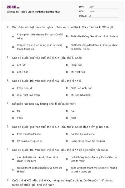 Bộ 2 Đề số 1 Bài 6 Chiến tranh thế giới thứ nhất