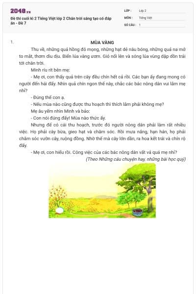 Đề thi cuối kì 2 Tiếng Việt lớp 2 Chân trời sáng tạo có đáp án - Đề 7
