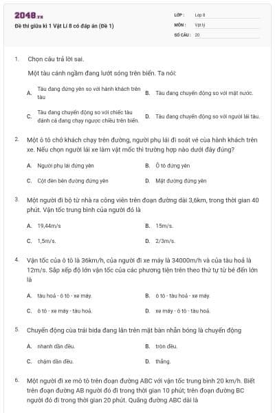 Đề thi giữa kì 1 Vật Lí 8 có đáp án (Đề 1)
