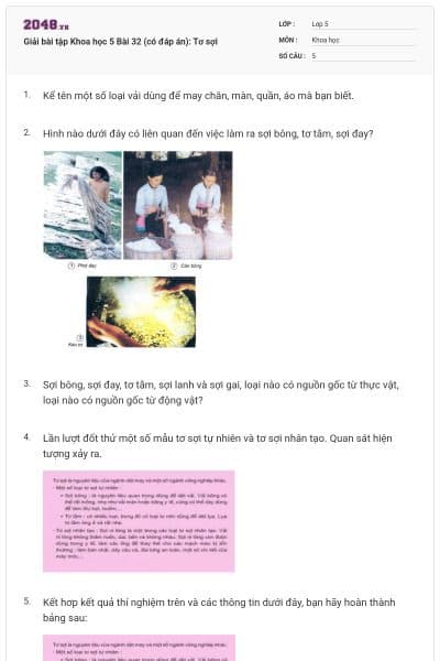 Giải bài tập Khoa học 5 Bài 32 (có đáp án): Tơ sợi