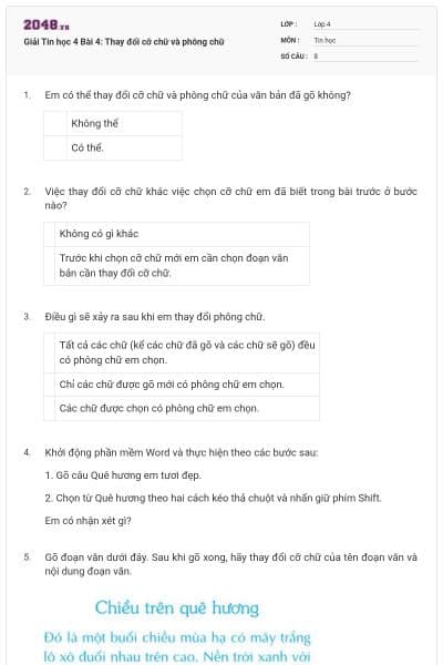 Giải Tin học 4 Bài 4: Thay đổi cỡ chữ và phông chữ