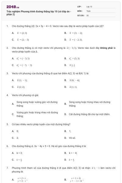 Trắc nghiệm Phương trình đường thẳng lớp 10 (có đáp án - phần 2)