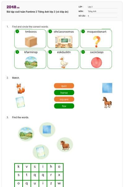 Bài tập cuối tuần Funtime 2 Tiếng Anh lớp 2 (có đáp án)