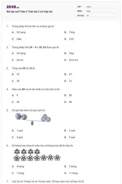 Bài tập cuối Tuần 2 Toán lớp 2 (có đáp án)