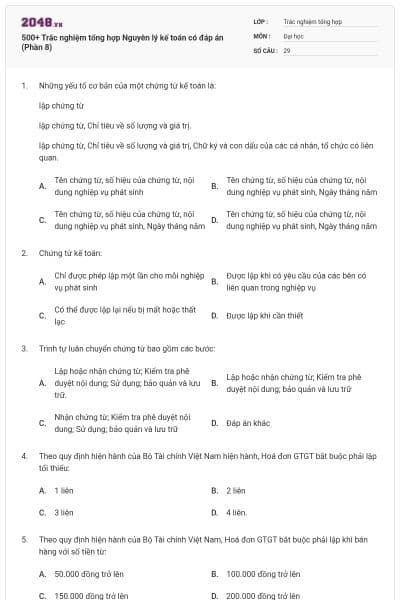500+ Trắc nghiệm tổng hợp Nguyên lý kế toán có đáp án (Phần 8)