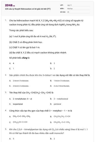 225 câu Lý thuyết Hidrocacbon có lời giải chi tiết (P7)