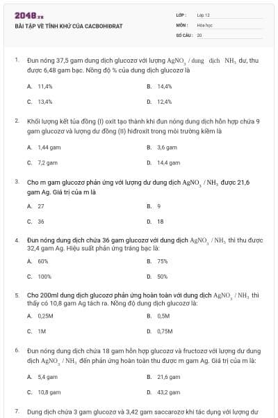 BÀI TẬP VỀ TÍNH KHỬ CỦA CACBOHIĐRAT