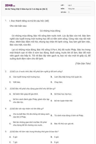 Đề thi Tiếng Việt 3 Giữa học kì 2 có đáp án (Đề 3)