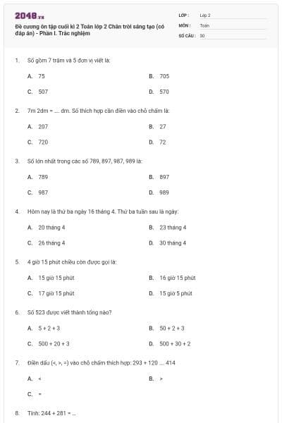 Đề cương ôn tập cuối kì 2 Toán lớp 2 Chân trời sáng tạo (có đáp án) - Phần I. Trắc nghiệm
