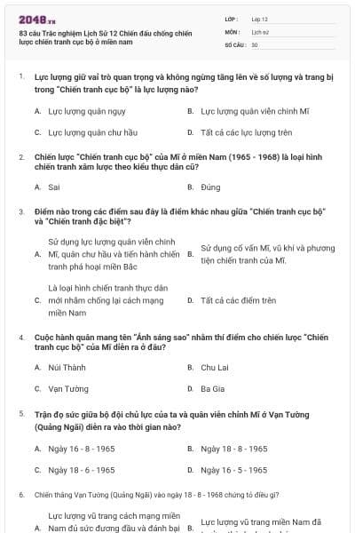 83 câu Trắc nghiệm Lịch Sử 12 Chiến đấu chống chiến lược chiến tranh cục bộ ở miền nam