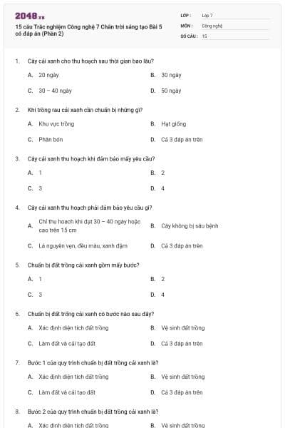 15 câu Trắc nghiệm Công nghệ 7 Chân trời sáng tạo Bài 5 có đáp án (Phần 2)