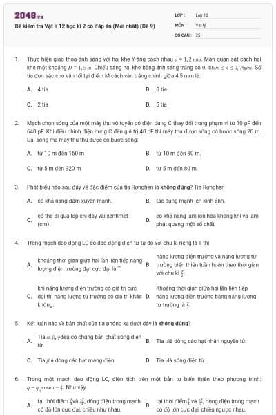 Đề kiểm tra Vật lí 12 học kì 2 có đáp án (Mới nhất) (Đề 9)