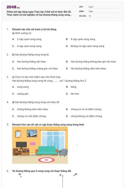 Phiếu bài tập hàng ngày Toán lớp 4 Kết nối tri thức Bài 30. Thực hành và trải nghiệm vẽ hai đường thẳng song song có đáp án