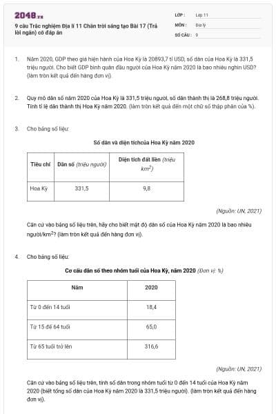 9 câu Trắc nghiệm Địa lí 11 Chân trời sáng tạo Bài 17 (Trả lời ngắn) có đáp án