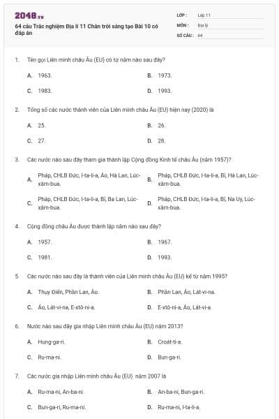 64 câu Trắc nghiệm Địa lí 11 Chân trời sáng tạo Bài 10 có đáp án