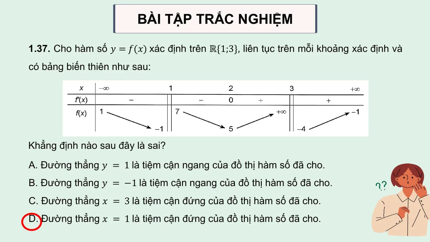 BÀI TẬP TRẮC NGHIỆM

1.37. Cho hàm số 𝑦 = 𝑓(𝑥) xác định trên ℝ{1;3}, liên tục trên mỗi khoảng xác định và
có bảng biến thiên như sau:

Khẳng định nào sau đây là sai?
A. Đường thẳng 𝑦 = 1 là tiệm cận ngang của đồ thị hàm số đã cho.
B. Đường thẳng 𝑦 = −1 là tiệm cận ngang của đồ thị hàm số đã cho.
C. Đường thẳng 𝑥 = 3 là tiệm cận đứng của đồ thị hàm số đã cho.
D. Đường thẳng 𝑥 = 1 là tiệm cận đứng của đồ thị hàm số đã cho.