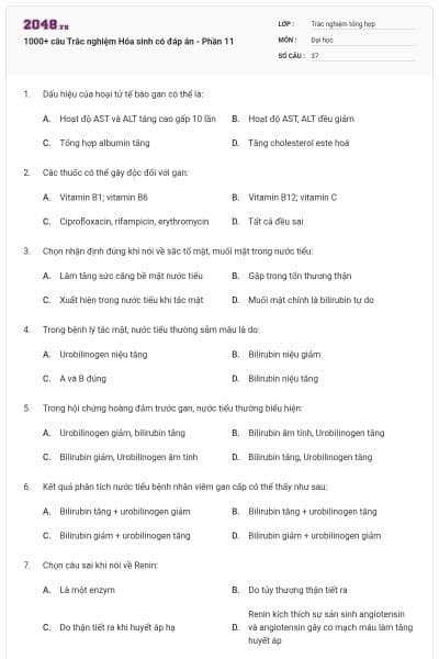 1000+ câu Trắc nghiệm Hóa sinh có đáp án - Phần 11
