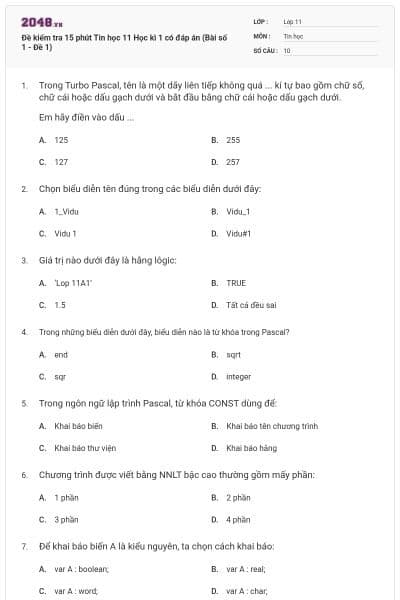 Đề kiểm tra 15 phút Tin học 11 Học kì 1 có đáp án (Bài số 1 - Đề 1)