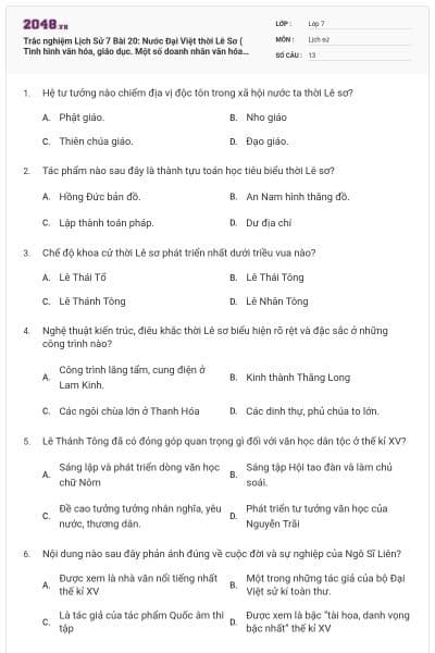 Trắc nghiệm Lịch Sử 7 Bài 20: Nước Đại Việt thời Lê Sơ ( Tình hình văn hóa, giáo dục. Một số doanh nhân văn hóa xuất sắc) ( có đáp án)
