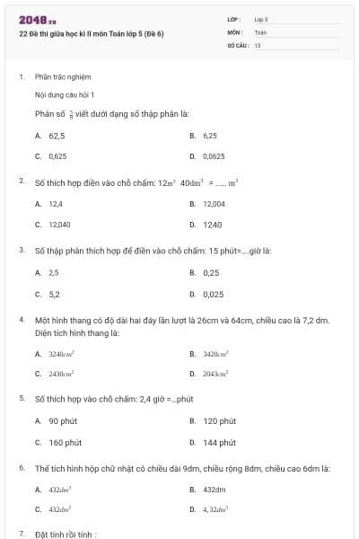 22 Đề thi giữa học kì II môn Toán lớp 5 (Đề 6)