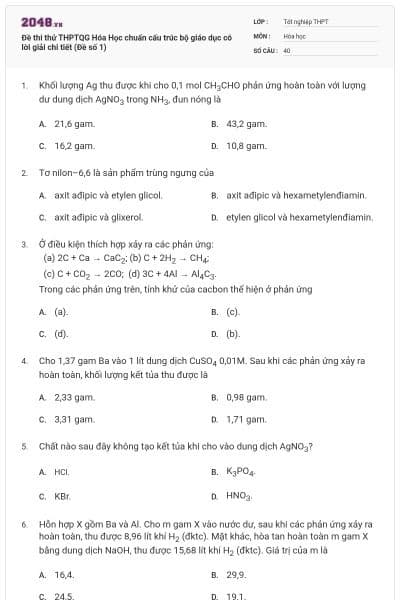 Đề thi thử THPTQG Hóa Học chuẩn cấu trúc bộ giáo dục có lời giải chi tiết (Đề số 1)