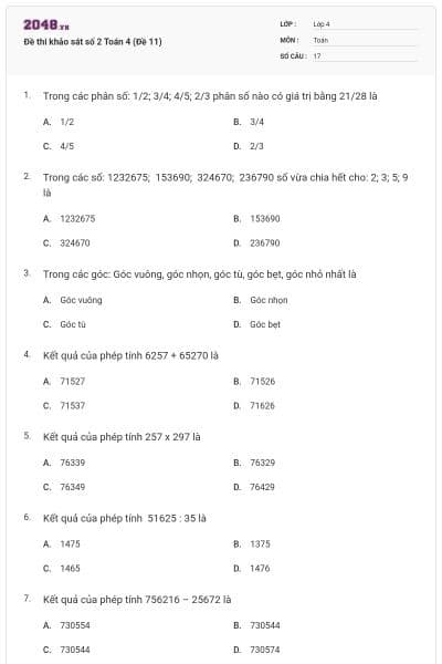 Đề thi khảo sát số 2 Toán 4 (Đề 11)