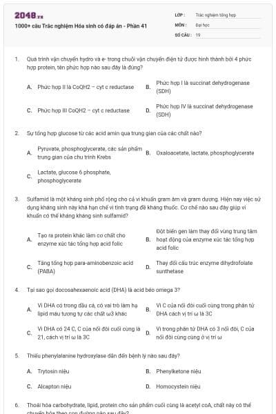1000+ câu Trắc nghiệm Hóa sinh có đáp án - Phần 41
