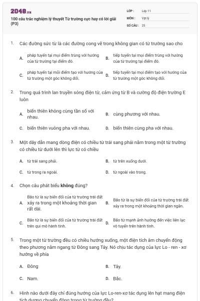 100 câu trắc nghiệm lý thuyết Từ trường cực hay có lời giải (P3)