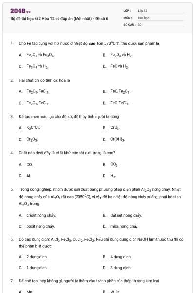 Bộ đề thi học kì 2 Hóa 12 có đáp án (Mới nhất) - Đề số 6