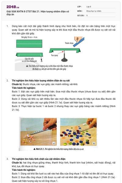 Giải SGK KHTN 8 CTST Bài 21. Hiện tượng nhiễm điện có đáp án