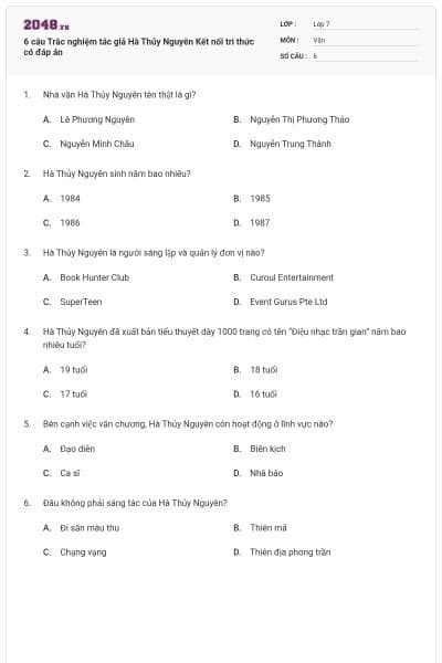 6 câu Trắc nghiệm tác giả Hà Thủy Nguyên Kết nối tri thức có đáp án
