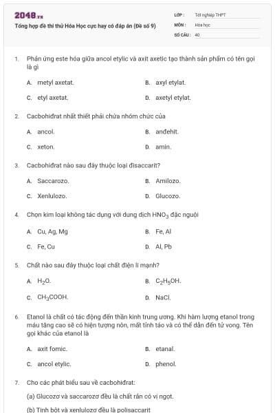 Tổng hợp đề thi thử Hóa Học cực hay có đáp án (Đề số 9)