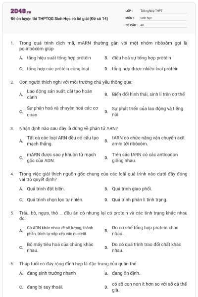 Đề ôn luyện thi THPTQG Sinh Học có lời giải (Đề số 14)