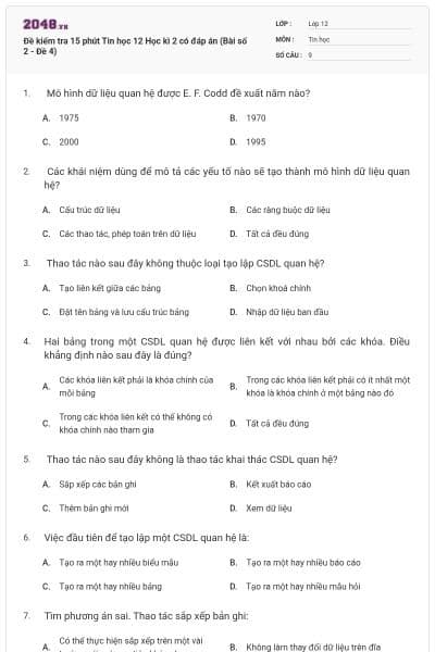 Đề kiểm tra 15 phút Tin học 12 Học kì 2 có đáp án (Bài số 2 - Đề 4)