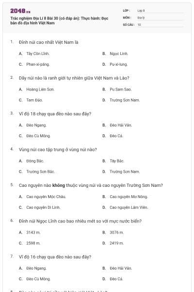Trắc nghiệm Địa Lí 8 Bài 30 (có đáp án): Thực hành: Đọc bản đồ địa hình Việt Nam