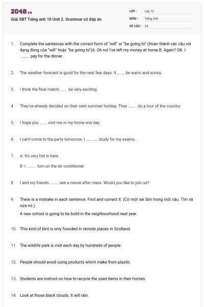 Giải SBT Tiếng anh 10 Unit 2. Grammar có đáp án