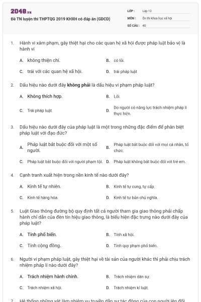 Đề TN luyện thi THPTQG 2019 KHXH có đáp án (GDCD)