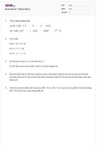 Đề thi Học kì 1 Toán 6 (Đề 3)