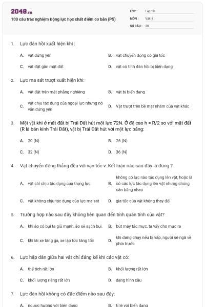 100 câu trắc nghiệm Động lực học chất điểm cơ bản (P5)